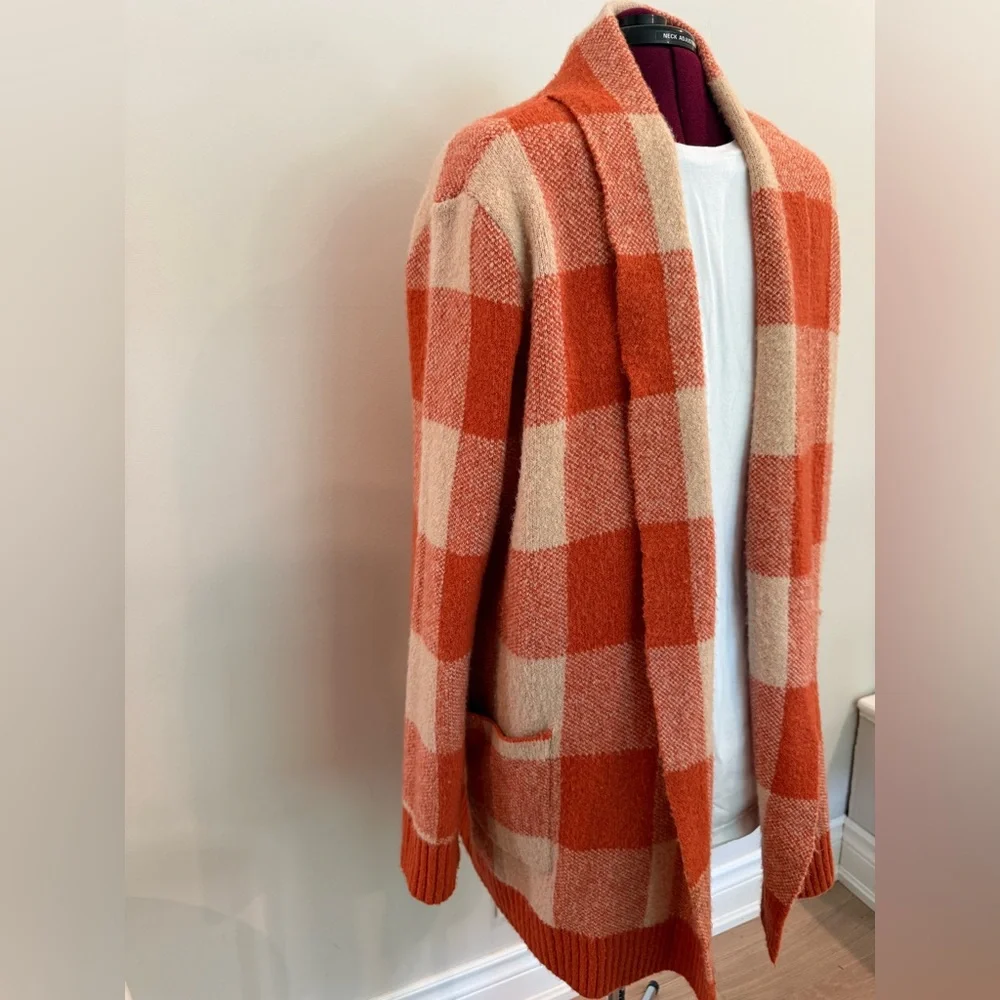 Cyrus Buffalo Plaid Cardigan – Size L | Orange & Cream Cozy Knit - Picture 3 of 9